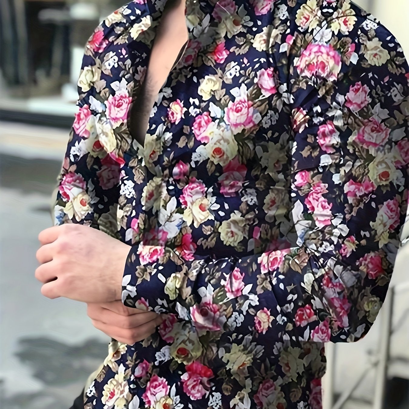 Retro Style Flower Print Men's Casual Long Sleeve Button Up Lapel Shirt, Spring Fall