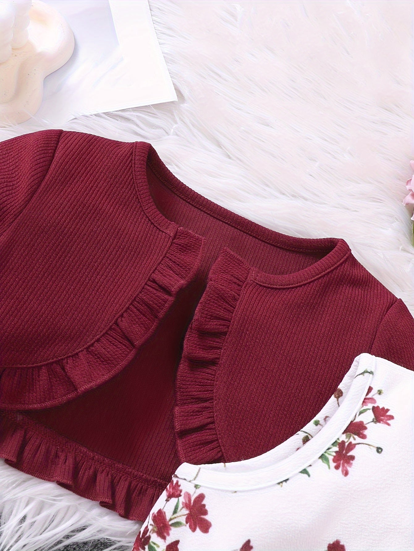 Sweet Girls 2pcs Solid Frill Trim Long Sleeve Outerwear + Flower Graphic Sleeveless Dress Set For Summer Party Gift