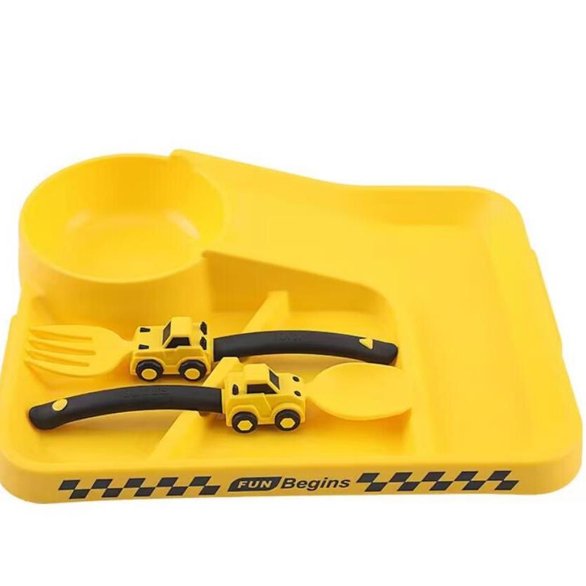 Children's Tableware Cartoon Racing Dinner Plate + Fork Spoon Independent Eating Divided Complementary Food Bowl Baby Suction Cup Non-slip Dinner Plate