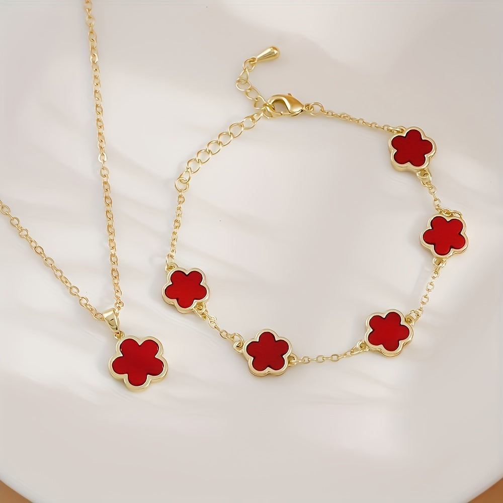2pcs Necklace + Bracelet Voguish Jewelry Set Lucky Flower Design Multi Colors For U To Choose Match Daily Outfits Party Accessories