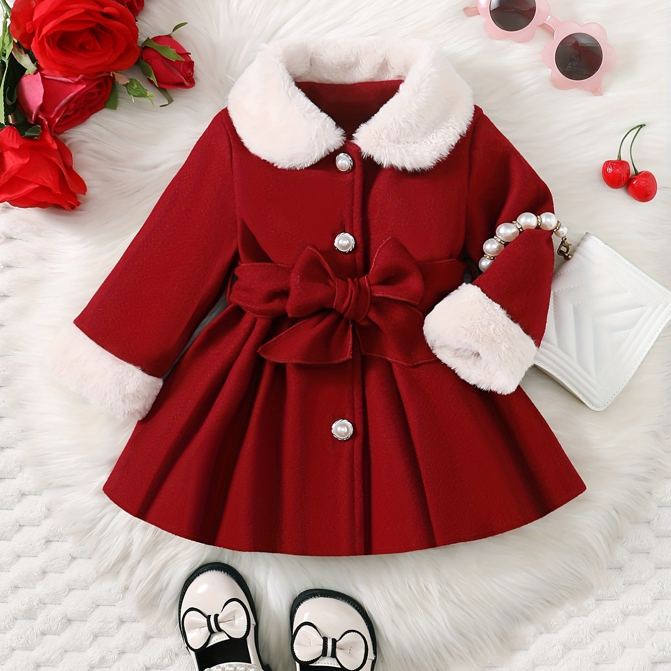 Fashionable And Versatile Coat for Baby Girls in Autumn And Winter, a Perfect Mother'S Day Gift. Adorable Plush Coat with a Bow And Collar, Designed for a Sweet Princess Look. Soft And Comfortable Outerwear to Keep Baby Warm
