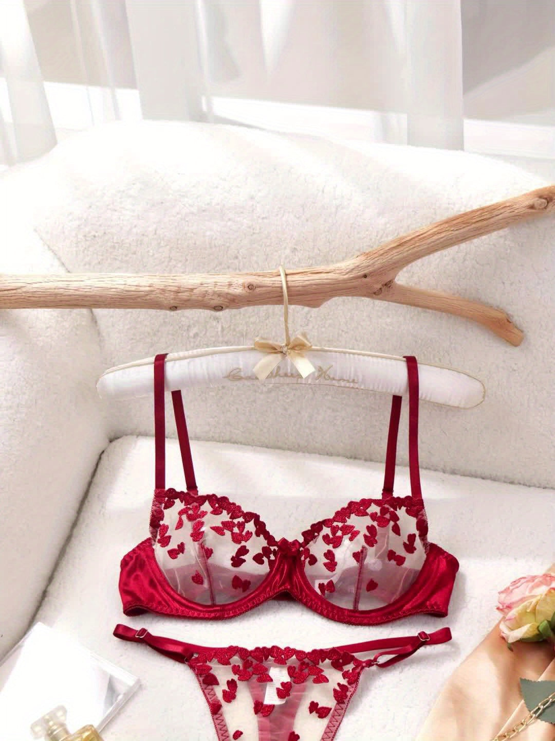Valentine's Day Sexy Women's Semi-Transparent Embroidered Flower Underwear Set with Steel Ring