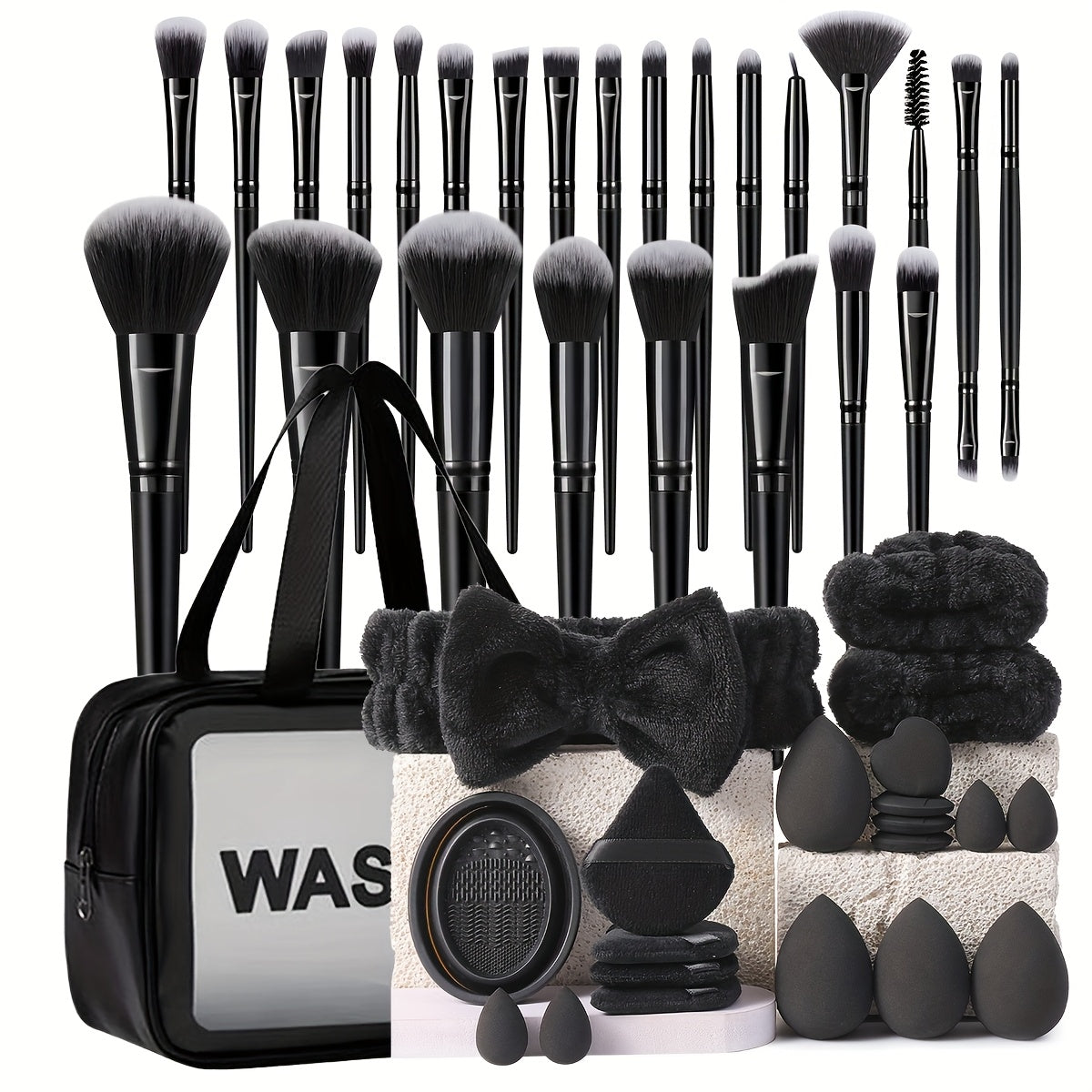 The 46pcs Makeup Tool Set Includes: 1 Waterproof Multifunctional Zipper Toiletry And Makeup Bag + 25 Makeup Brushes + 8 Beauty Sponges + 8 Makeup Puffs + 1 Headband + 2 Wristbands + 1 Makeup Brush Cleaning Tool.