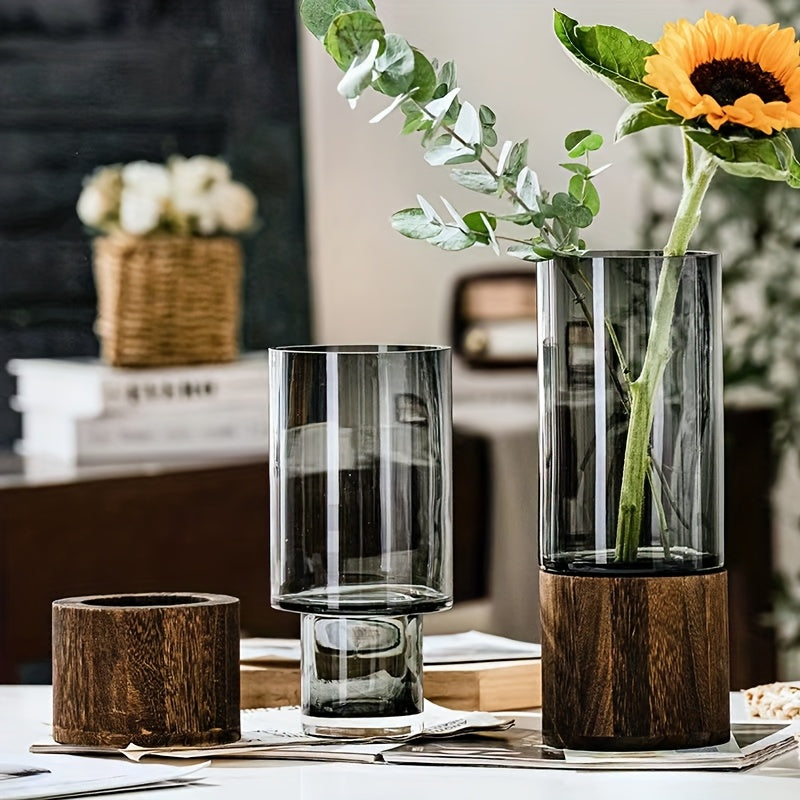 Chic Nordic-Inspired Glass Vase with Wooden Base - Perfect for Living Room Decor & Flower Arrangements