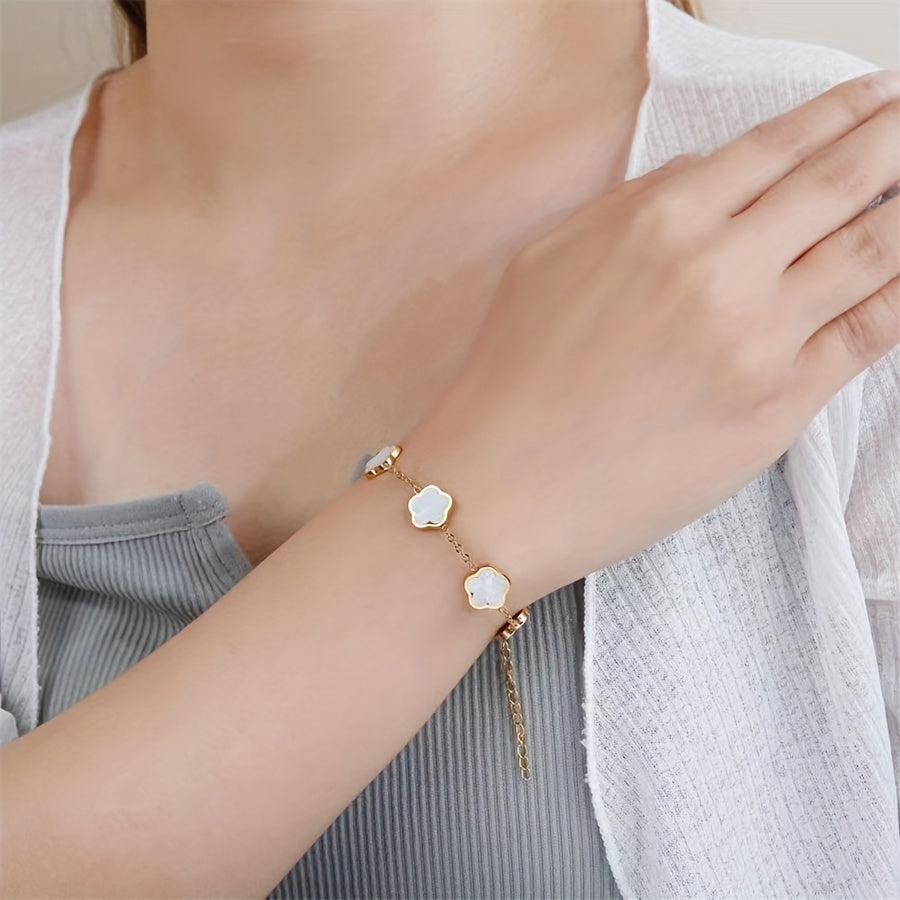 18K Gold Plated Flower Design Stainless Steel Bracelet, Elegant Floral Style Hand Decor Bracelet Jewelry Gift