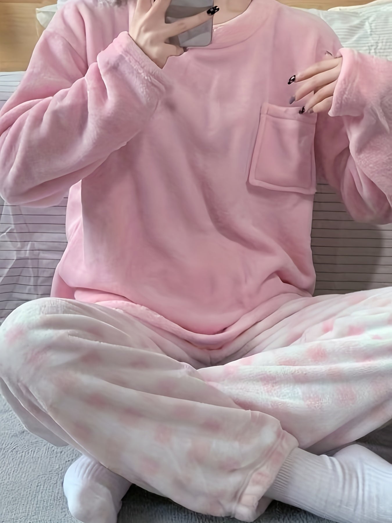 [Velvet Pajama] Winter Warm Velvet Pajama Set | Plaid Pattern Pajama, Solid Color Casual Home Wear Set