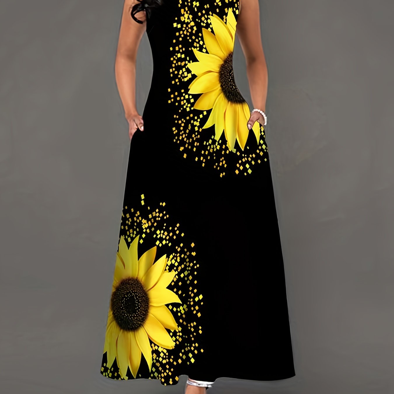 Sunflower Print Keyhole Dress, Casual Crew Neck Sleeveless Maxi Dress With Pocket, Women's Clothing For Elegant Dressing