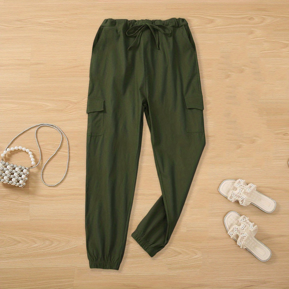 Y2K Chic Drawstring Cargo Pants - Stretchy Elastic Waist, Long Length, Multiple Pockets, Casual Comfortable Women's Clothing for Everyday Wear