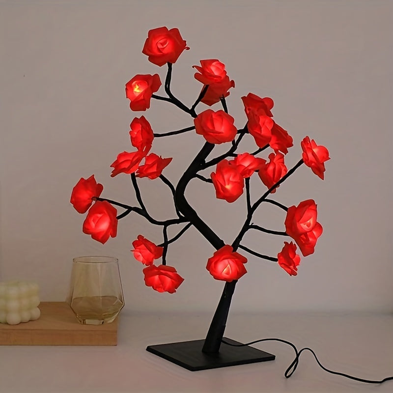 1pc LED Rose Flower Table Lamp, Valentine Tree Fairy Lights 24LED Rose Flower Tree Lights Valentine's Day USB Table Lamp Fairy Maple Leaf Night Light Home Party Christmas Wedding Bedroom Decoration Gift