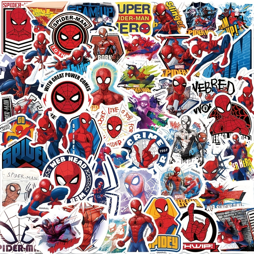 Marvel 50-Pack Spider-Man Stickers, Cartoon Character Decals, Self-Adhesive, Reusable, Paper Material, for Laptops, Travel Cases, Phones, Waterproof DIY Decoration