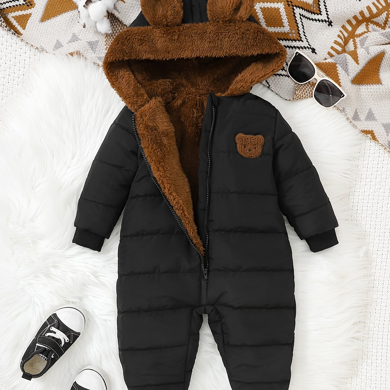 Baby Boy Winter Jumpsuit, Soft Plush Onesie with Hood, Warm Outfit Easy Diaper Change Loose Fit, Newborn Clothing for Infant & Toddler, Perfect for Cold Weather Outdoor & Photoshoots