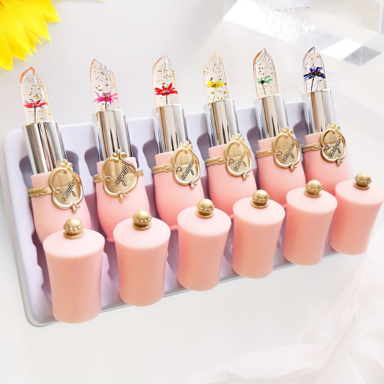 6-Piece Set of emaymei Vibrant Transparent Jelly Change Lipsticks - Featuring Crystal Golden Foil, Delicate Flower Petals, Shimmering Pink Hues, and Long-Lasting Moisturizing Formula for a Perfect Pout