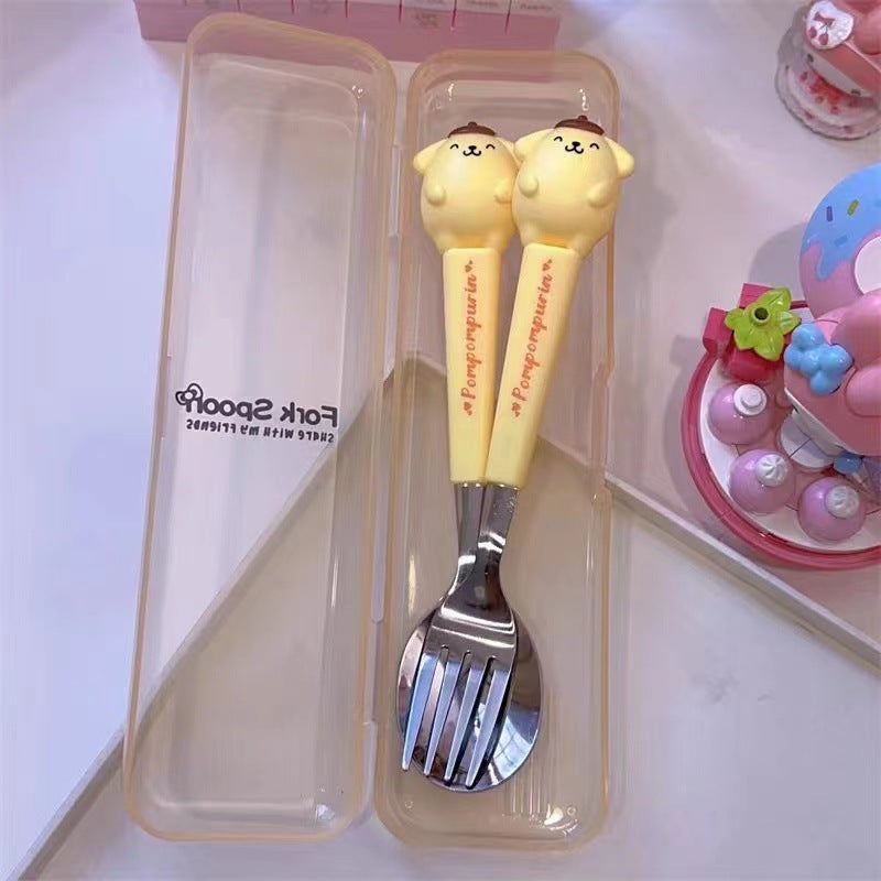 Sanrio Cute Cartoon 2pcs Tableware Suit-Stainless Steel Portable Travel Fork and Spoon with Cute Character Handle, Outdoor Eating Essentials, Onthego Dining, Fun Utensils, Stylish Cutlery, Polished Finish, Highquality Steel,