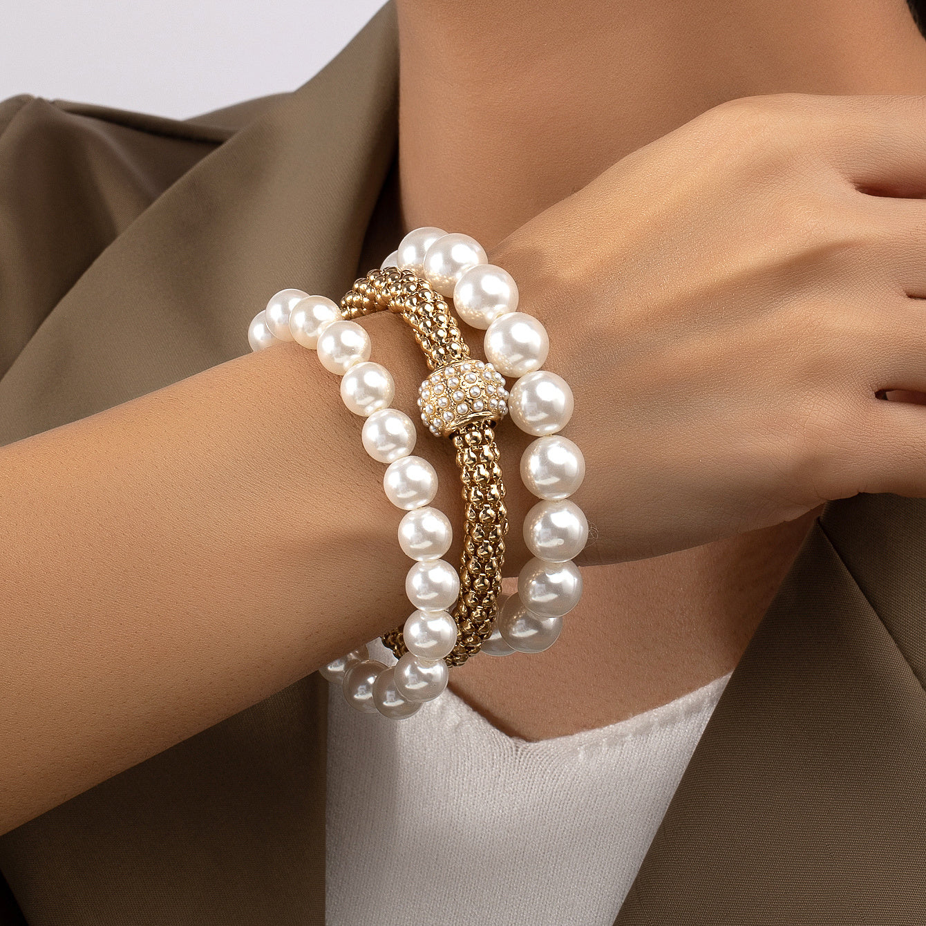 Faux Pearls Bracelet Kit 14K Gold Plated Stretch Hand Jewelry Set For Women & Girls 3 Pcs