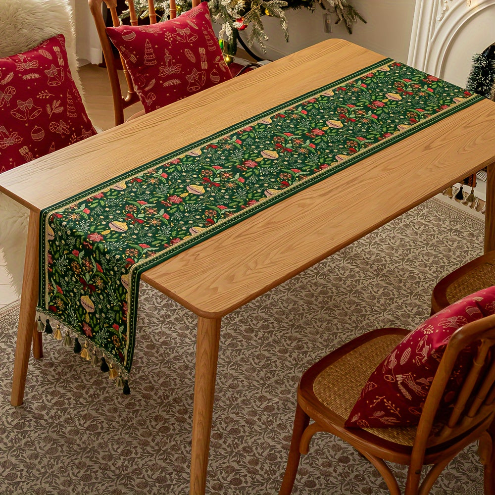 Rectangular Woven Polyester Blend Christmas Table Runner with Tassels - Festive Plant and Flower Pattern, Holiday Party Dining Decor