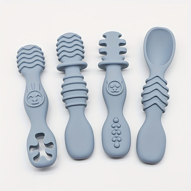 4pcs Baby Silicone Chewing Spoon Set, Food Grade Silicone Spoon And Fork Set, Silicone Spoon, Silicone Cutlery Training, Soft Feeding Cutlery