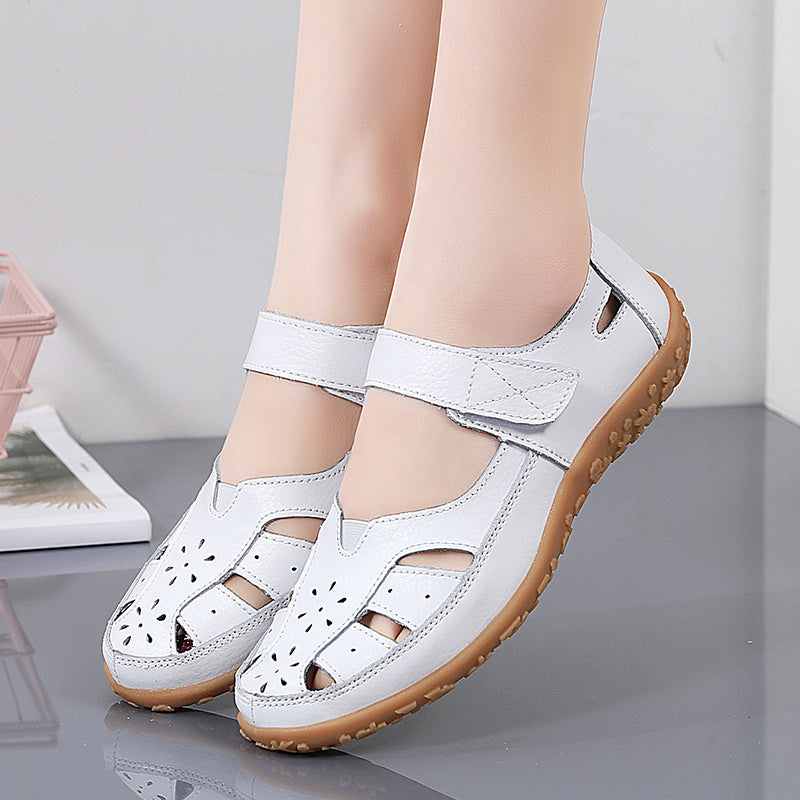 Soft Sole Women's Cut-out Flat Sandals, Non Slip Closed Toe Casual Walking Shoes with Hook & Loop