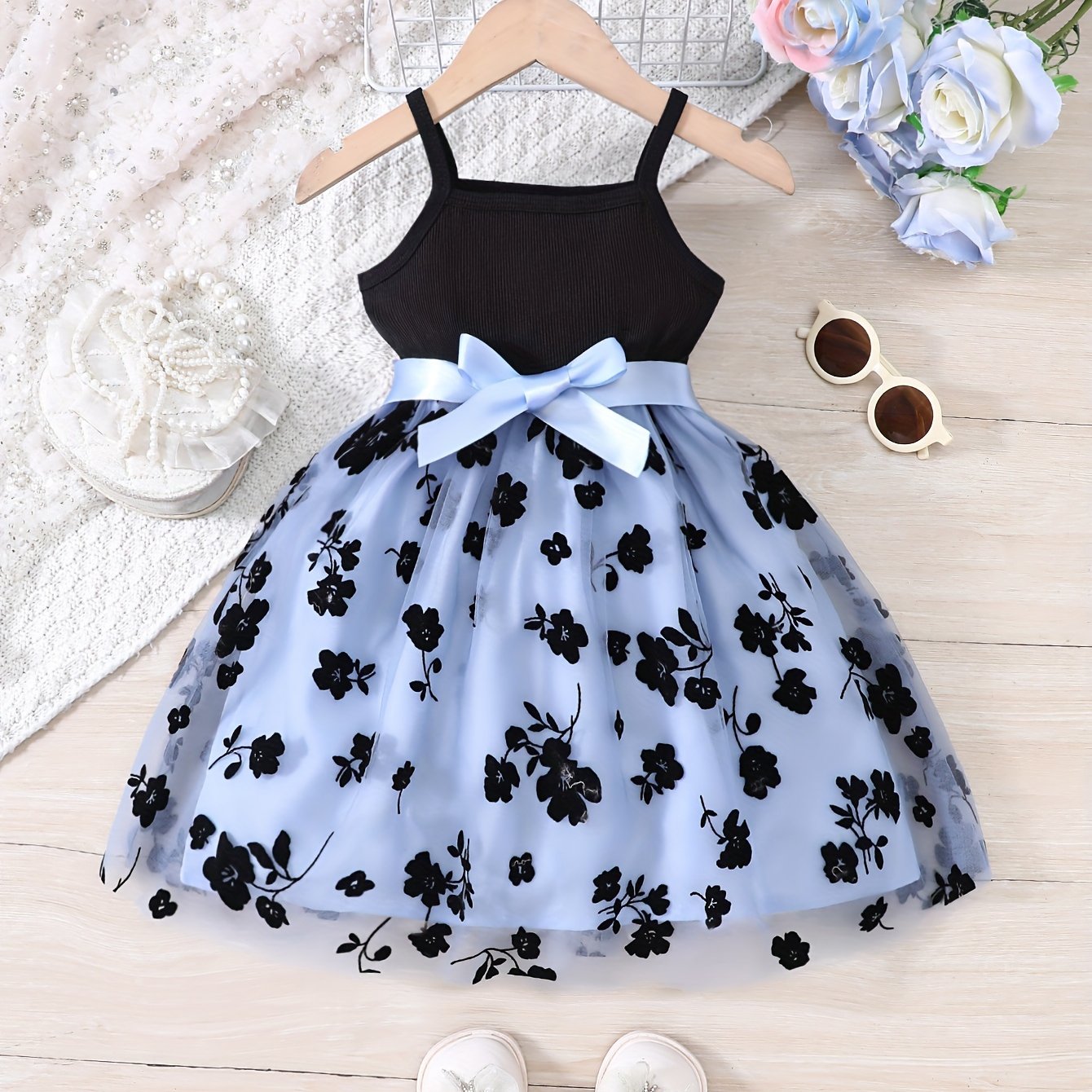 Splicing Flower Graphic Cami Tutu Dress Girls Summer Clothes Party Gift