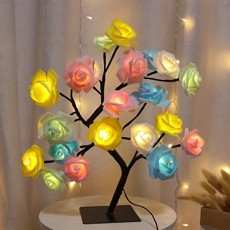 1pc LED Rose Flower Table Lamp, Valentine Tree Fairy Lights 24LED Rose Flower Tree Lights Valentine's Day USB Table Lamp Fairy Maple Leaf Night Light Home Party Christmas Wedding Bedroom Decoration Gift