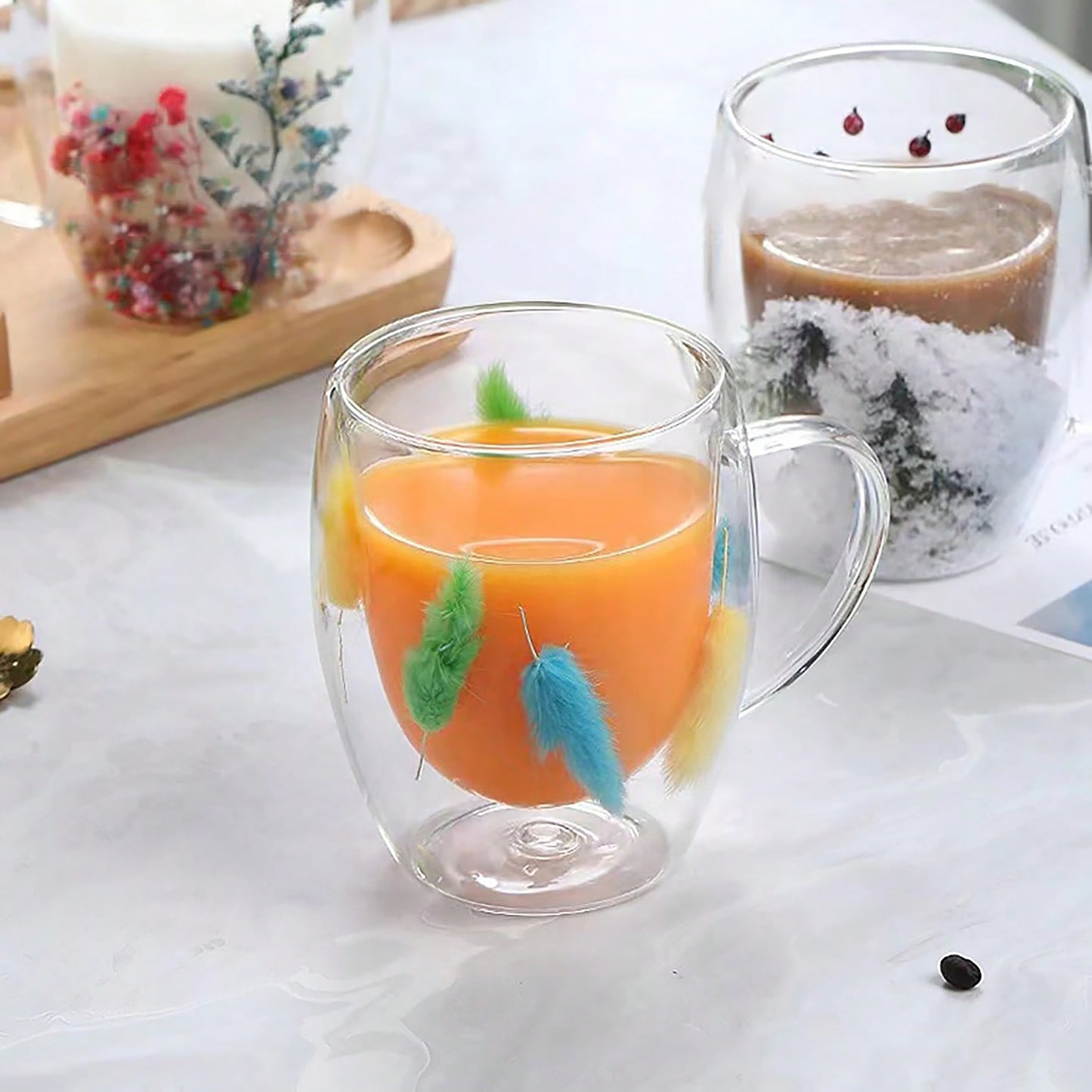 1pc Elegant Double-Walled Glass Coffee Mug with Dried Flower Detail - Thermal Insulated Drinkware for All Seasons - Ideal Birthday Present