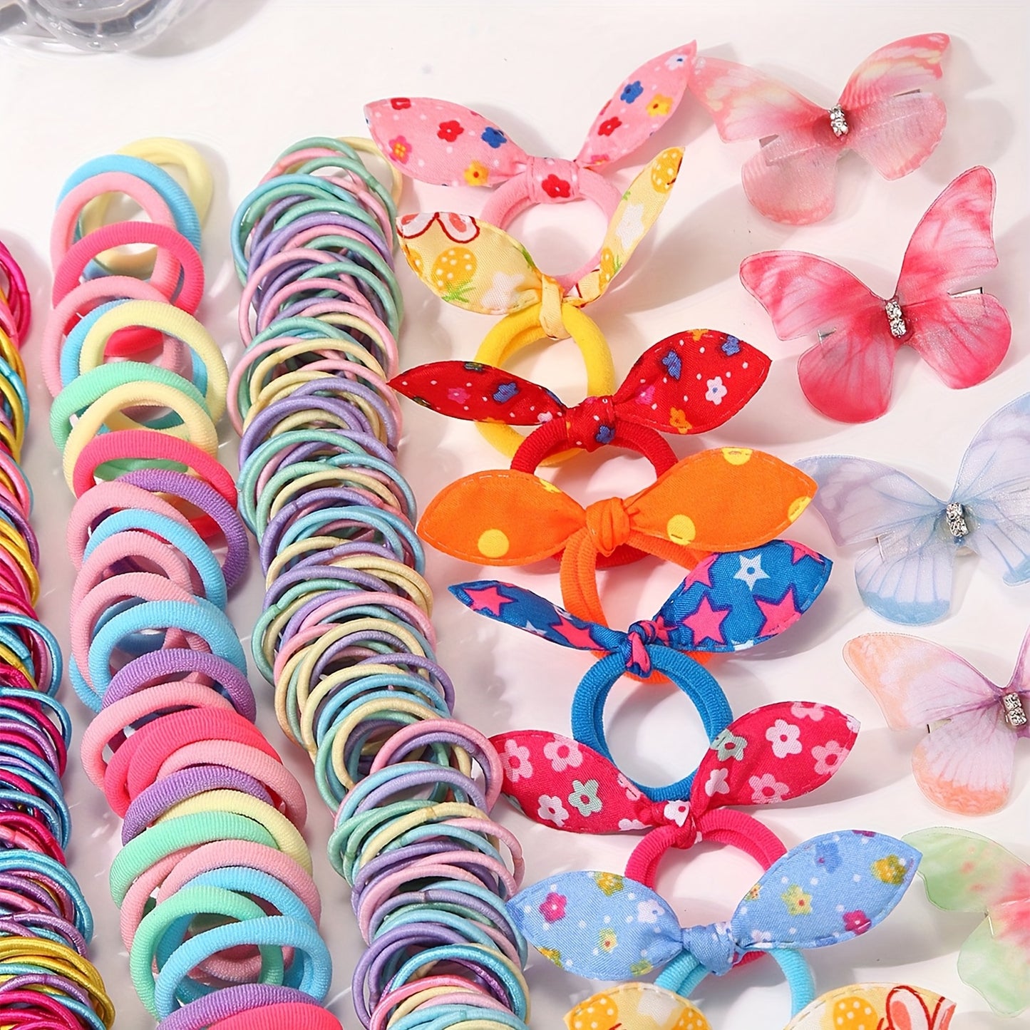 267pcs Girls' Multicolor Hair Tie Butterfly Clip Set, Cute Bunny Ears Headband High Elasticity Elastic Band Styling Accessories Colorful Flower Barrettes Hair Clips