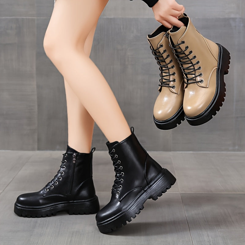 Women's Chunky Platform Round-Toe Ankle Boots with Thick TPR Sole & Faux Upper - Chunky Heel (1-2cm) Round Toe s, Black Faux & TPR Outsole for Casual, Office, Party - Round-Toe Booties