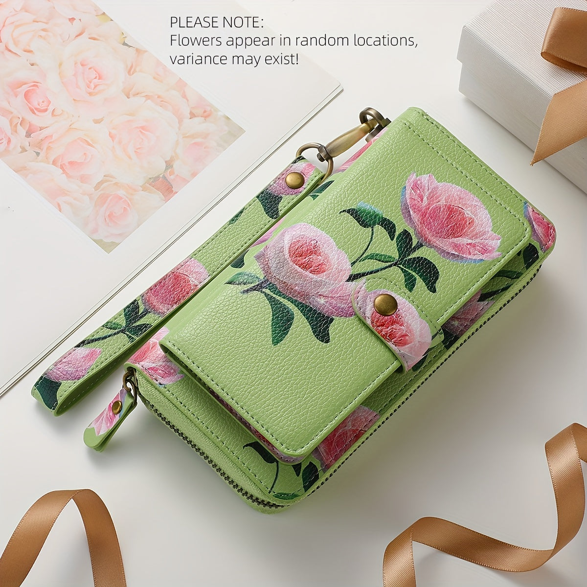 Flower Pattern PU Leather Zipper Handbag Fashion Large Capacity Long Wallet Clutch Bag Phone Bag Multi-card Card Holder Coin Purse Wallet