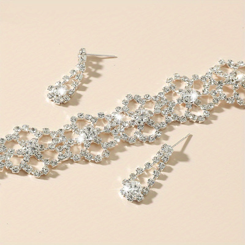 Luxurious Rhinestone & Faux Crystal Flower Jewelry Set - Elegant Claw Chain Necklace and Matching Stud Earrings, Copper Crafted for Daily Wear, Vintage Jewelry