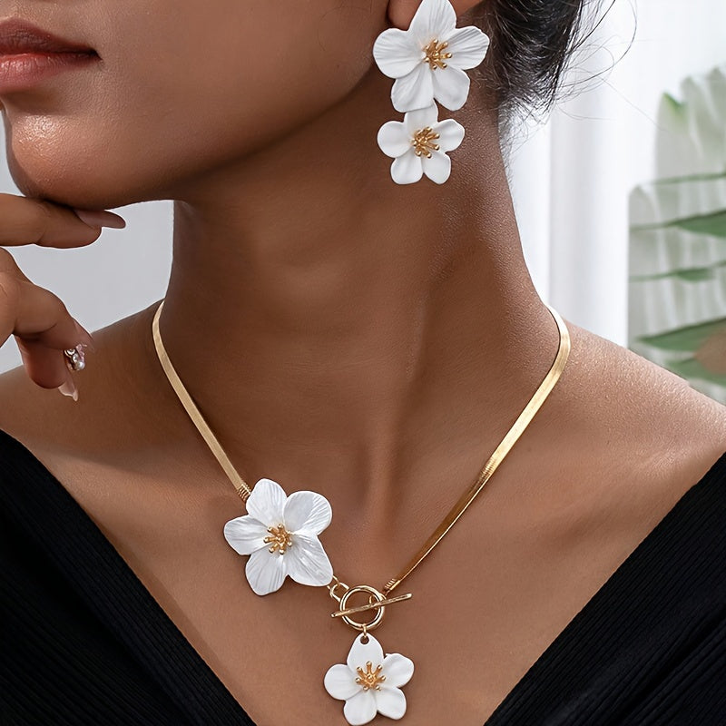 2pcs/set Fashionable and Elegant Flower Pendant Necklace and Earrings Jewelry Set Suitable for Women's Daily Gatherings, Parties, Holiday Travel, and as a Gift for Your Wife on Festivals