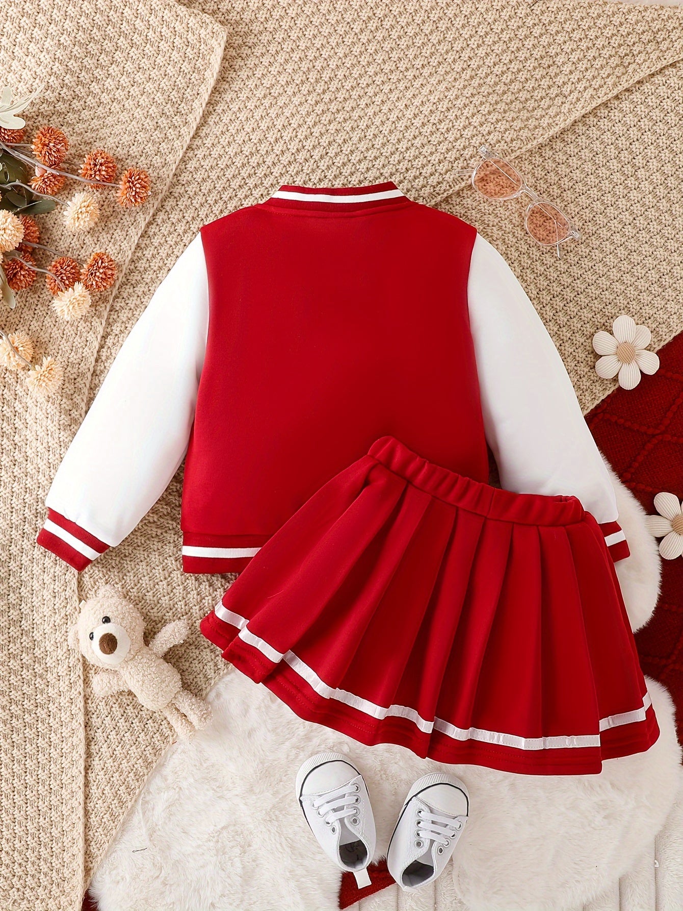 Preppy Style Girls 2pcs BABY GIRL Print Baseball Jacket + Pleated Skirt Outdoor Set For Party Sports Gift