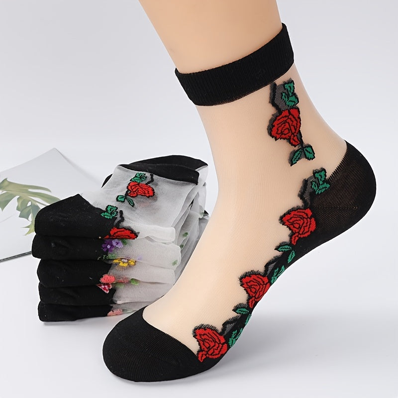 5 Pairs Mesh Floral Print Mid Tube Socks, Crystal Glass Short Thin Socks, Women's Stockings & Hosiery