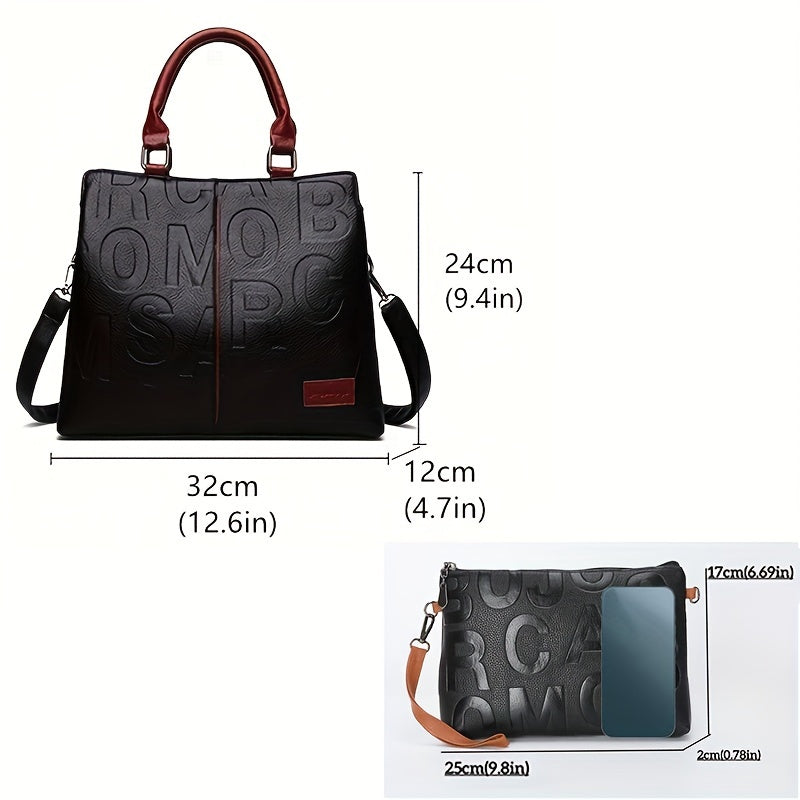 Chic Solid Color Letter-Embossed Handbag – Versatile, Foldable, Secure Zip & Removable Strap, Polyester-Lined for Daily Elegance (8.4x8.6x3.5) Inch