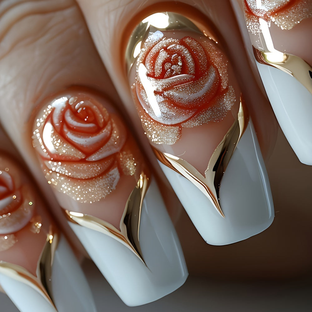 24pcs Glossy Medium C-Curve Press On Nails with Pink Flower and Golden Stripe Pattern Artificial Reusable False Nails for Women, Medium Length Press On Nails