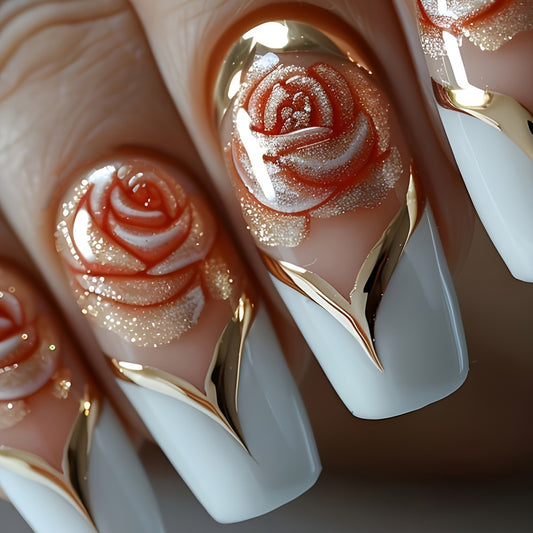 24pcs Glossy Medium C-Curve Press On Nails with Pink Flower and Golden Stripe Pattern Artificial Reusable False Nails for Women, Medium Length Press On Nails