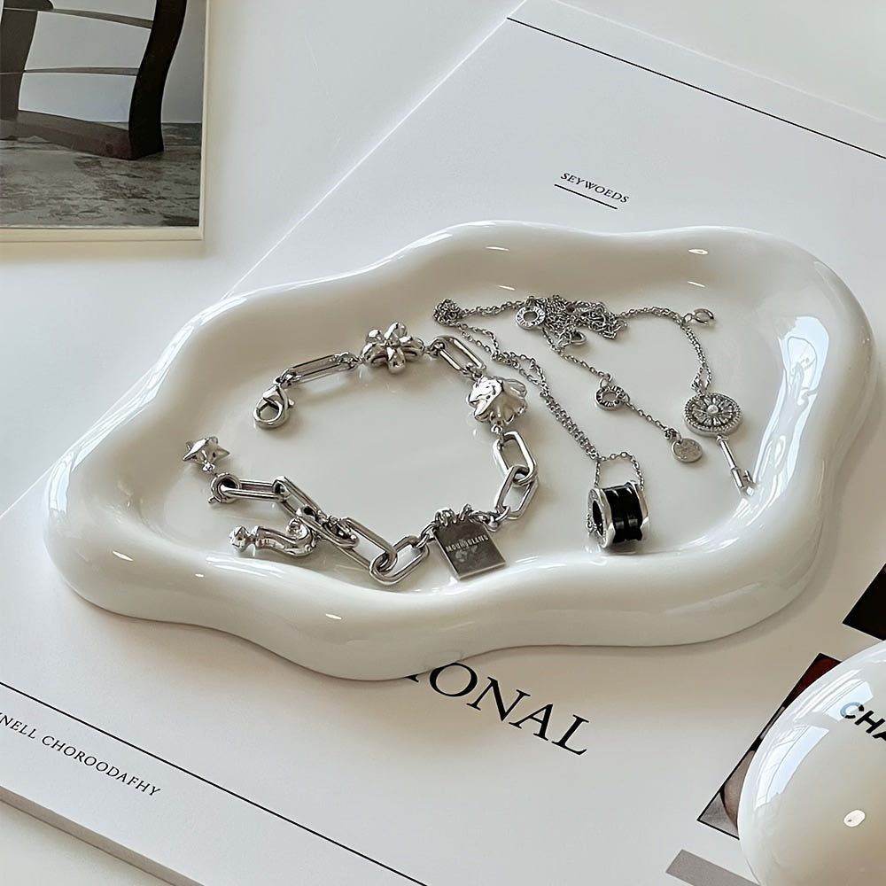 1pc Cloud Ceramic Tray - Sleek Single-Layer Design with Exquisite Light Luxury Finish, Spacious Jewelry Storage, Elegant Perfume Display, and Convenient Key Storage - Perfect for Home, Living Room, or Office Decor, Ideal Gift
