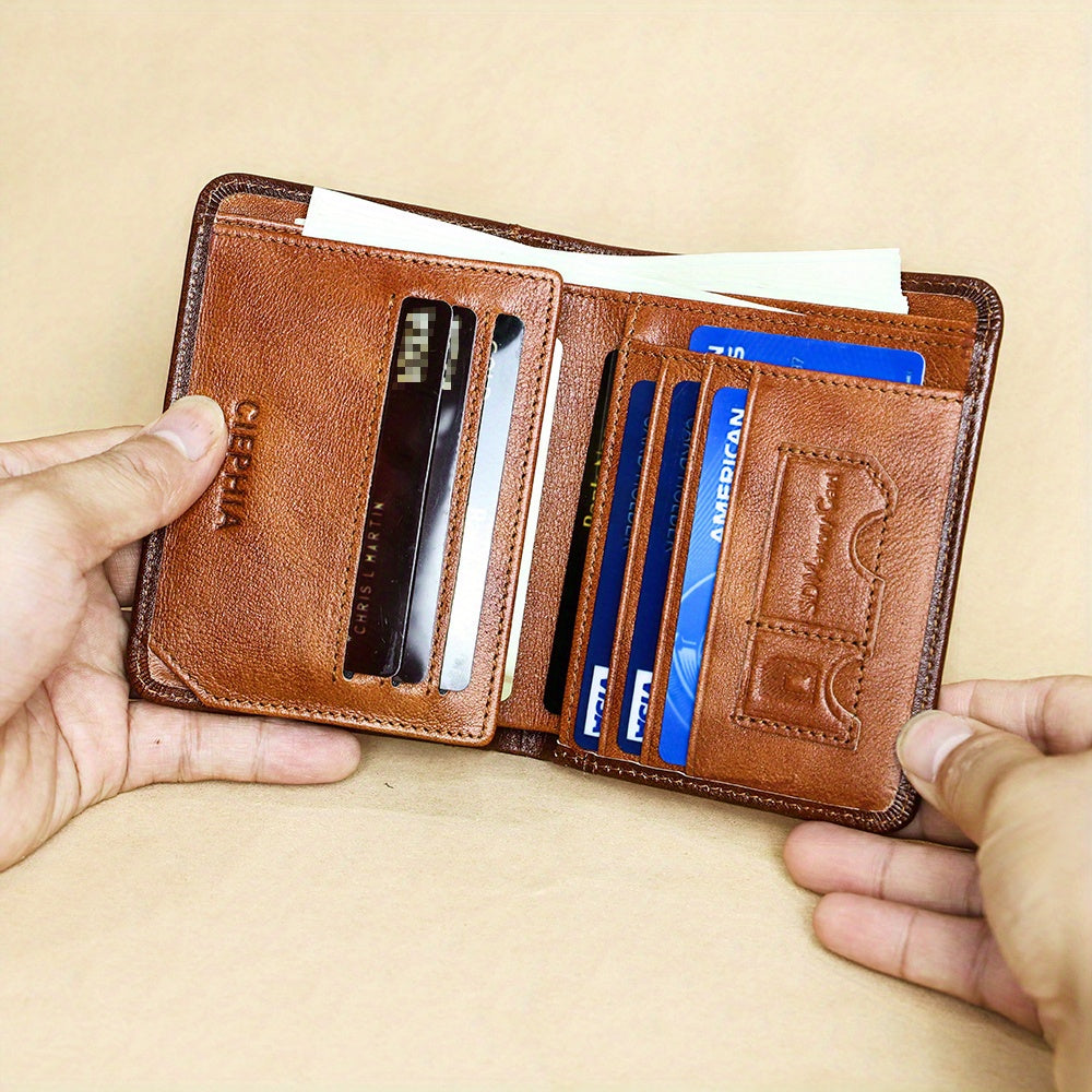 Genuine Leather Men's Wallet with Blessing Card Set, RFID Blocking, Ultra-Thin, Top-Grain Cowhide, Compact Multi-Function ID and Credit Card Holder, Christmas Valentine's Day Father's Day Gift