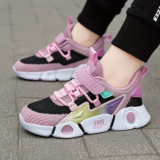 Girls' Breathable Knit Sneakers - Fashionable Striped Low-Top Sneakers with Closure, Lightweight & Comfortable for All Seasons, Pink & Black Design with Mesh Upper and EVA Sole, Youngsters Sneakers | Fashionable Striped Sneak