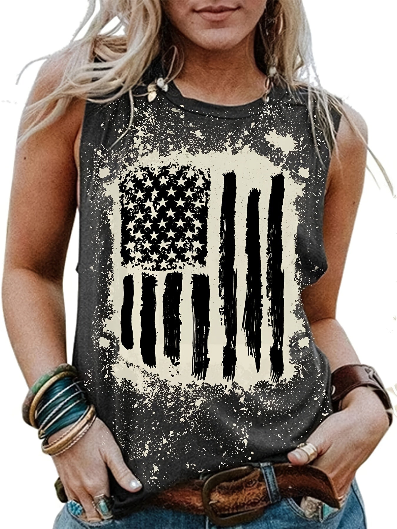 Flag Print Sleeveless Tank Top, Vintage Summer Crew Neck Tank Top, Women's Clothing
