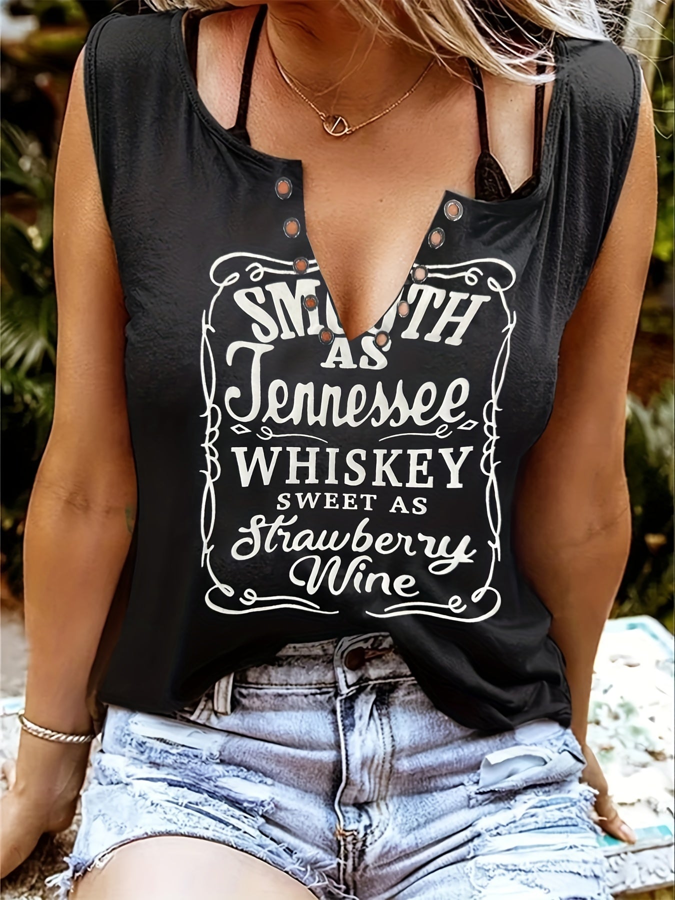 Smooth As Tennessee Whiskey Sweet As Strawberry Wine Shirt Ring Hole Sleeveless Sexy V-Neck Womens Country Music Tank Top