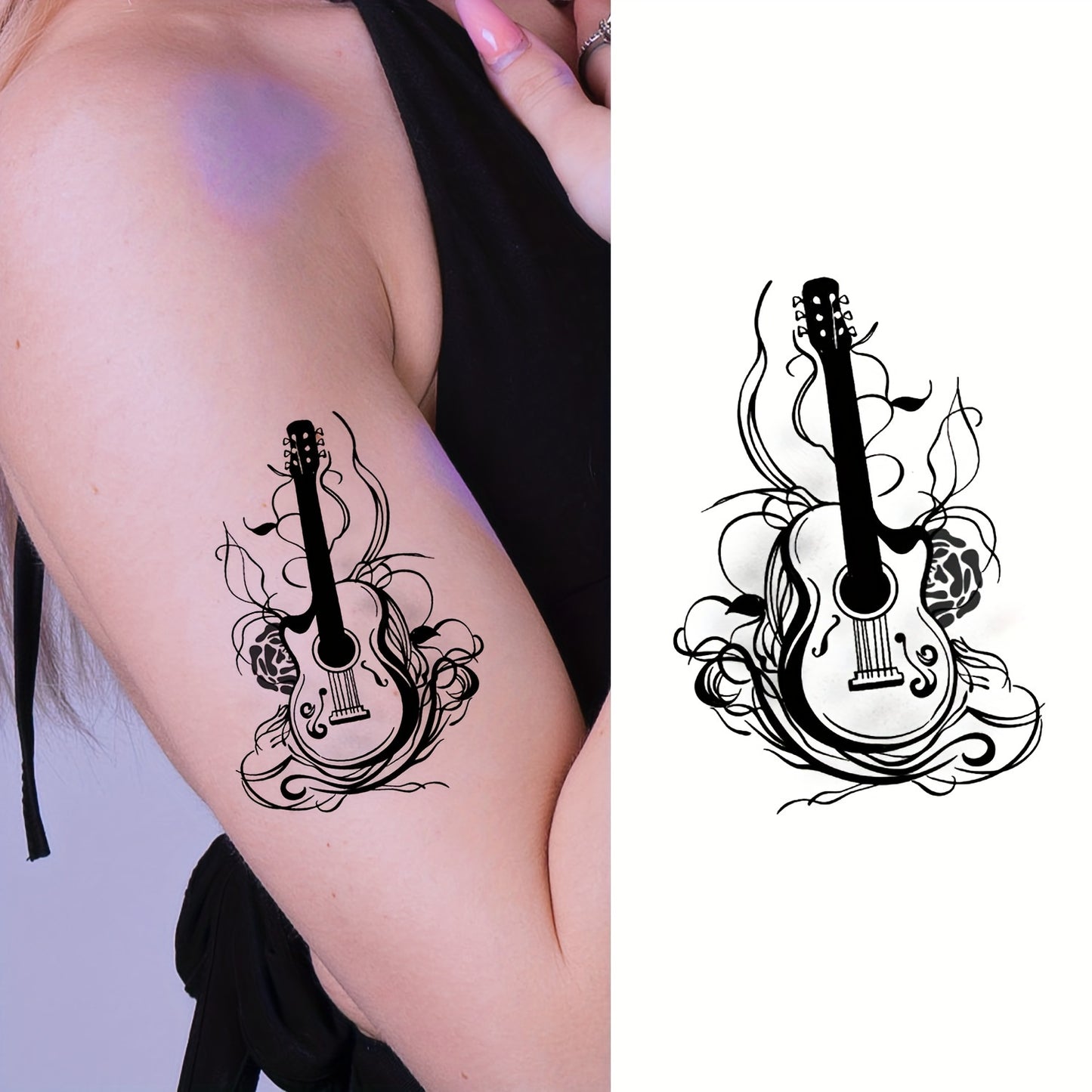 30 Temporary Tattoo Stickers, Black Butterfly Feather Wind Chime Wings Planet Spider Guitar Flower Heart Pattern Tattoo Stickers, Body Wrist Collarbone Art Waterproof Fake Tattoo Stickers Suitable for Women, Temporary Tattoo
