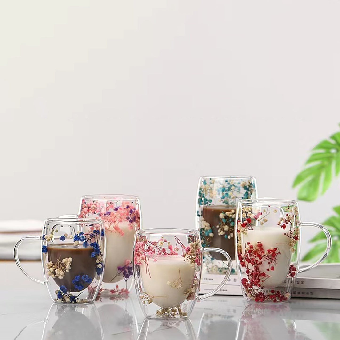 1pc Elegant Double-Walled Glass Coffee Mug with Dried Flower Detail - Thermal Insulated Drinkware for All Seasons - Ideal Birthday Present
