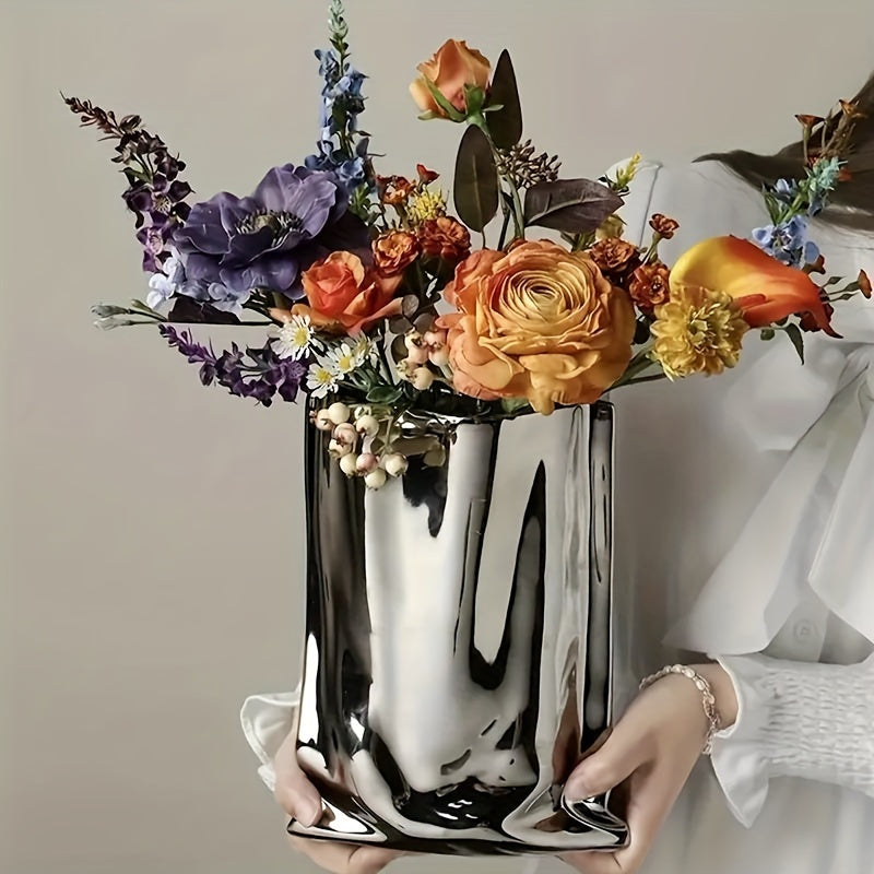 1pc Vase, High-End Light Luxury Decoration, Creative Electroplated and Silvery Ceramic Vase, Artificial Flower Decor