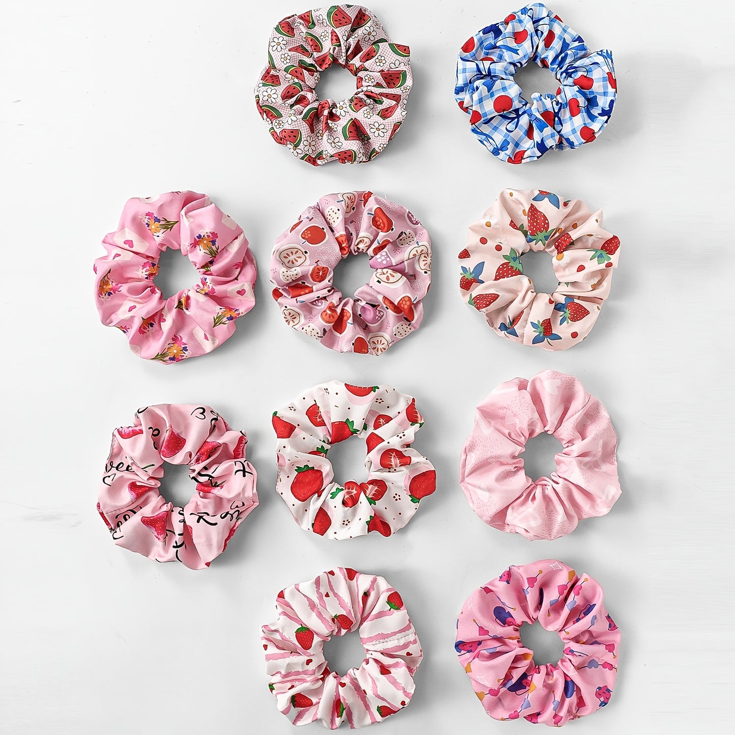 10pcs Gift Soft Satin Scrunchies Fruit Heart Flower Summer Elements Hair Tie Set Perfect for Women
