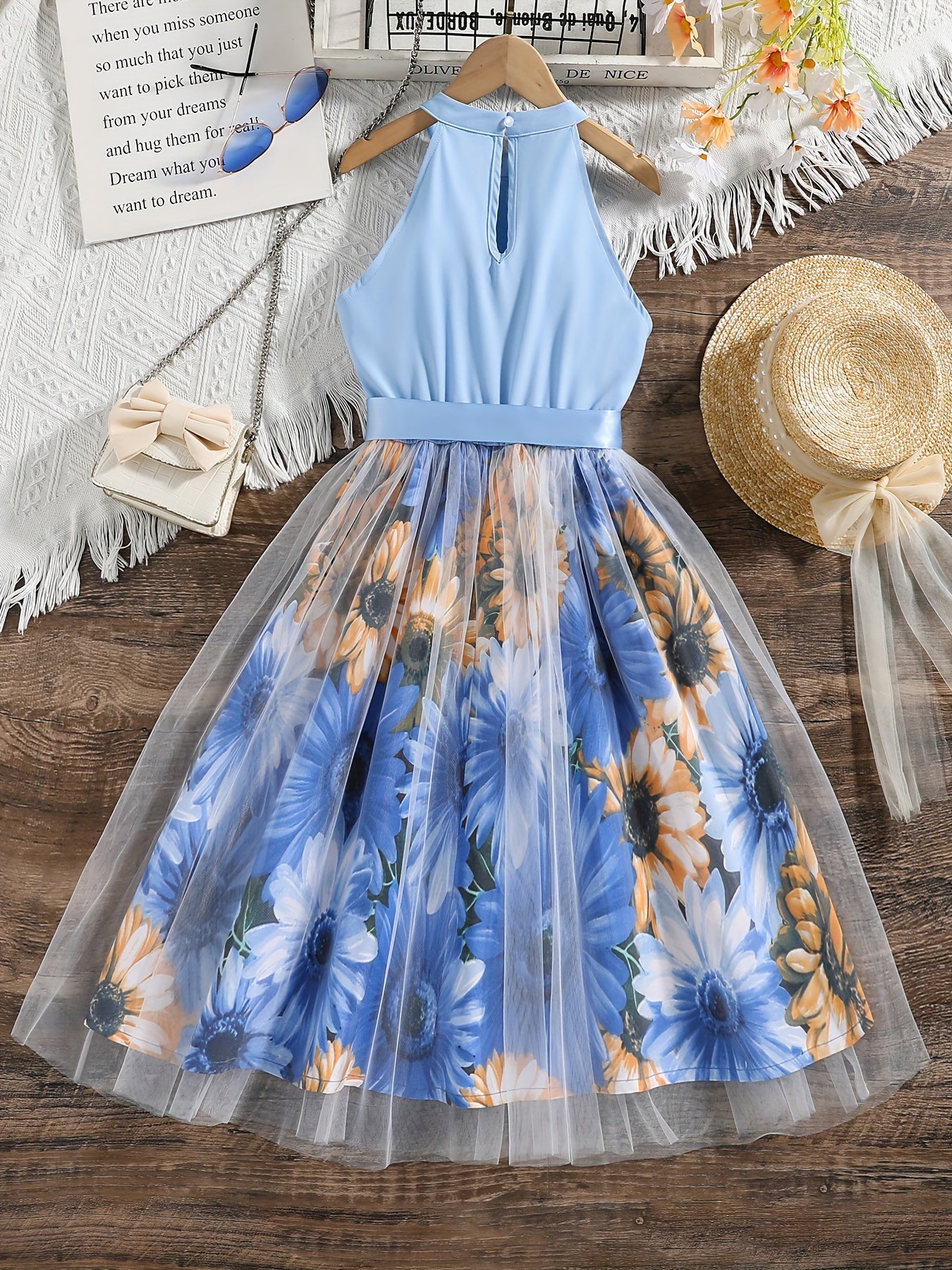 [Elegant Dress] Elegant Summer Party | Girls Splicing Flower Graphic Halter Neck Mesh Dress Tutu Dress | Gift