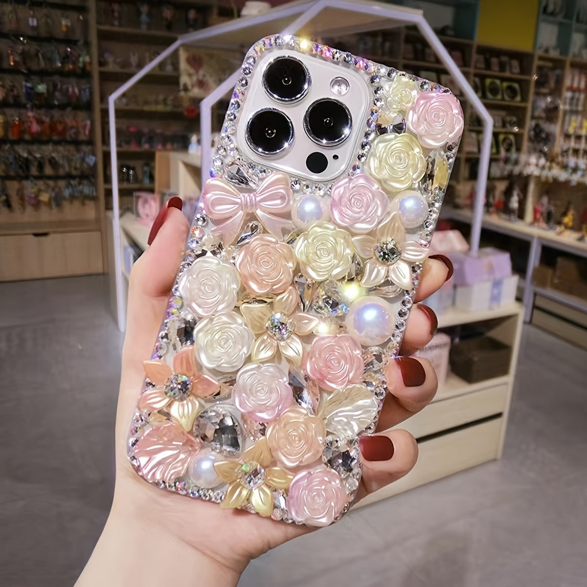 Phone Case - Fashionable And Luxurious Colorful Resin Flower Phone Case with Rhinestones And Pearls, Suitable for Iphone 17 Pro Max/16 Plus/Xr/7G, Designed to Prevent Drops