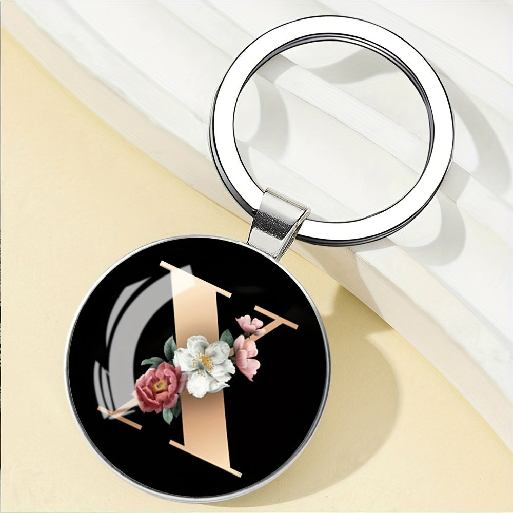 1pc Elegant Floral Alphabet Glass Keychain, Round Character-Themed Alloy Keyring, Romantic Collegiate Style Accessory, Ideal for Birthday, Anniversary, Graduation, Bridal Shower Gifts, and Festive Occasions - Christmas, Hallo