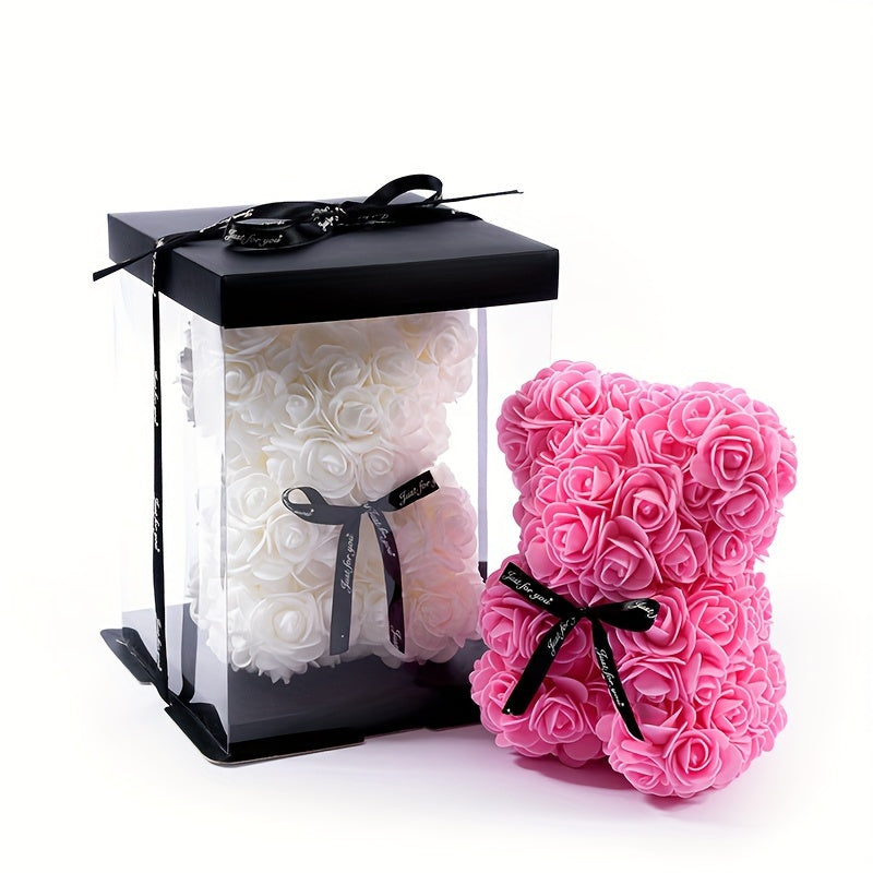 20cm Deluxe Artificial Rose Bear Flower Arrangement - Exquisite Foam Roses in Decorative Container for Romantic Home Decor, Festive Celebrations, and Thoughtful Gift-Giving - Perfect for Valentine's Day, Mother's Day, Anniver