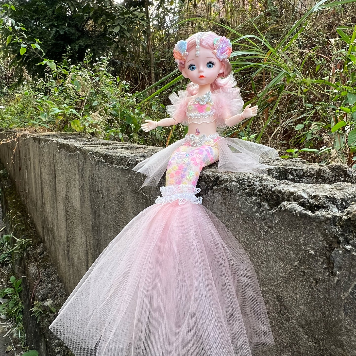 45cm/17.72inch Mermaid Doll Girl Toy Blue Eyed Children's Princess Doll Wedding Dress Doll Family Birthday Gift Fish Tail Can Be Unfolded, Christmas/Halloween/Thanksgiving Gift
