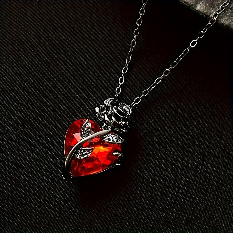 Elegant & Punk Style, Black Rose Shape With Red Heart Faux Diamond Pendant Necklace, Vintage & Delicate Twisted Flower Collarbone Chain, Valentine's Day Accessory