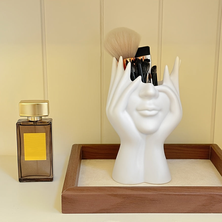 1pc Abstract Face Design Plastic Pen Holder & Makeup Brush Organizer - Multi-Functional Decorative Art Sculpture, Lightweight, No Electricity Needed, Ideal for Desk and Vanity Decor, Desk Organizer|Artistic Decor Item|Lightwe